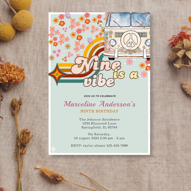 Nine is a Vibe Daisy Van Floral 9th Birthday  Invitation (Creator Uploaded)
