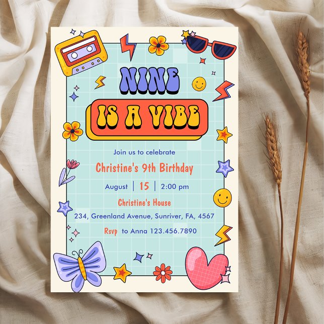 Nine Is A Vibe Groovy Hippie 9th Birthday Party  Invitation (Creator Uploaded)