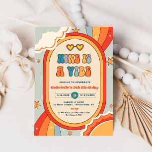 Nine Is A Vibe Groovy Retro Rainbow 9th Birthday Invitation