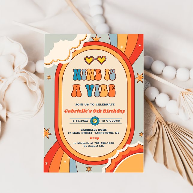 Nine Is A Vibe Groovy Retro Rainbow 9th Birthday  Invitation (Creator Uploaded)