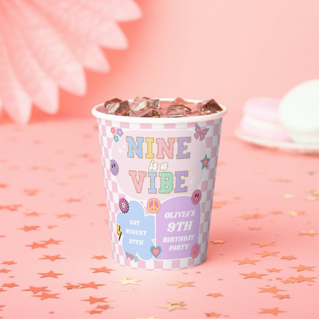 Nine Is A Vibe Preppy Patch 9th Birthday Party Paper Cups (Insitu)