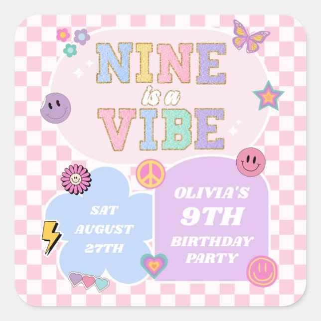 Nine Is A Vibe Preppy Patch 9th Birthday Party Square Sticker (Front)