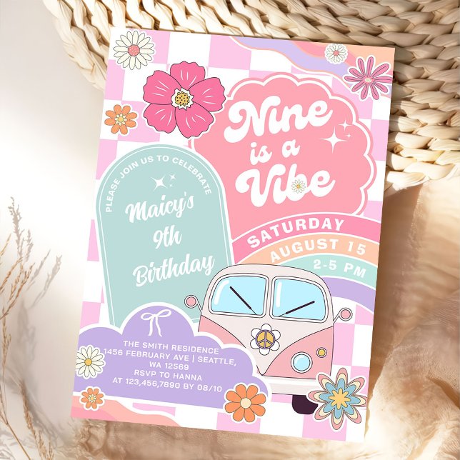Nine is a Vibe Rainbow Daisy Birthday Invitation (Creator Uploaded)
