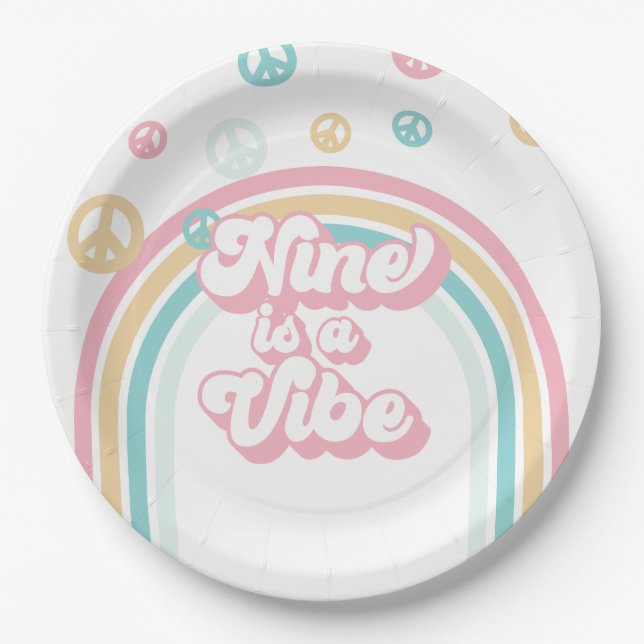 Nine is a Vibe Retro Summer Rainbow Paper Plate (Front)