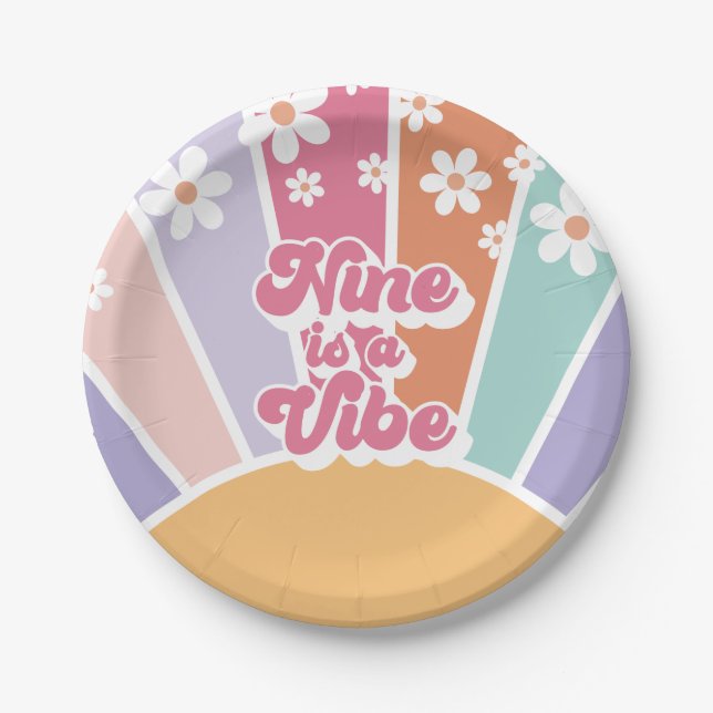 Nine is a Vibe Retro Sunshine Rainbow Daisy Paper Plate (Front)