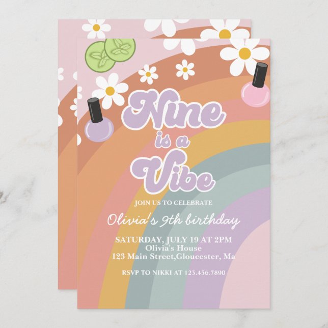 Nine is a vibe Spa Rainbow 9th Birthday Invitation (Front/Back)
