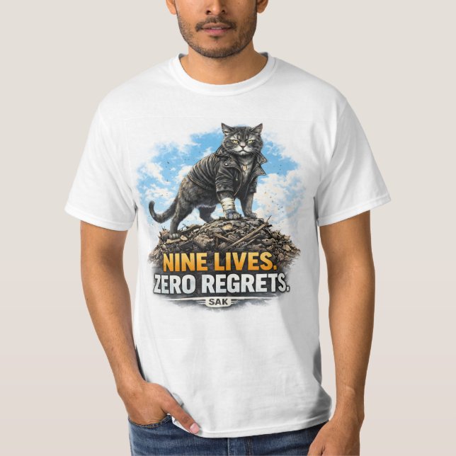 Nine Lives Zero Regrets | Cool Tough Cat T-Shirt | (Front)