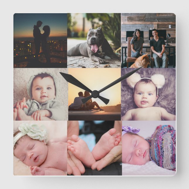 Nine Photo Collage Template Square Wall Clock (Front)