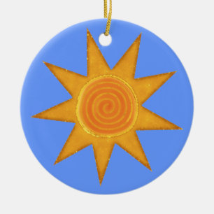 Nine Ray Yellow Spiral Sun Symbol Ceramic Ornament