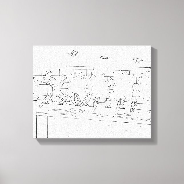 Nine Sparrows Sitting on Rail Drawing to Paint Canvas Print (Front)