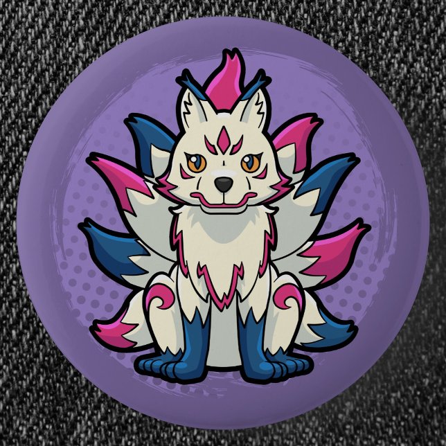 Nine-Tailed Fox- Yokai Kitsune 2 Inch Round Button (Nine-Tailed Fox Yokai Can Badge- Detail View)