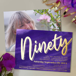 Ninety 90th Birthday party purple blue art gold