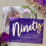 Ninety 90th Birthday party purple blue art gold<br><div class="desc">ninety abstract purple ultra blue art background with a gold foil text or your own foil colour. Personalize this 90th birthday party script art milestone birthday invitation with your own birthday party event details, and a photos of your birthday boy or girl on the reverse. Other years, colours and matching...</div>
