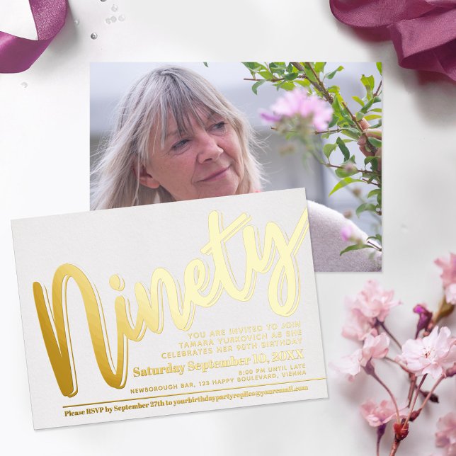 Ninety 90th Birthday party white with gold script (Creator Uploaded)