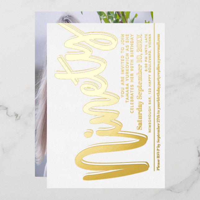 Ninety 90th Birthday party white with gold script (Front/Back)