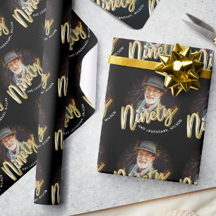 Ninety 90th Birthday photo script gold custom Wrapping Paper