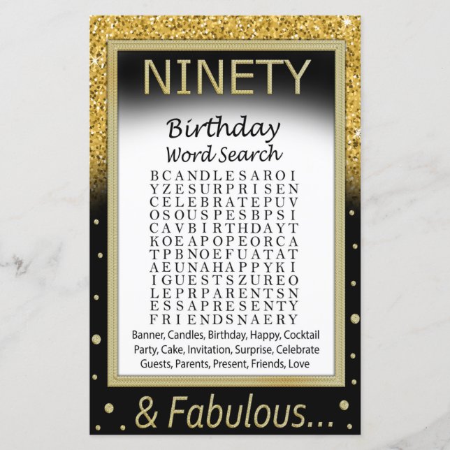 Ninety Birthday Word Search Game (Front)