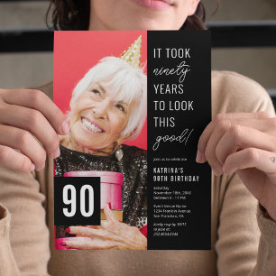 Ninety Black & White 90th Birthday Party Photo Invitation
