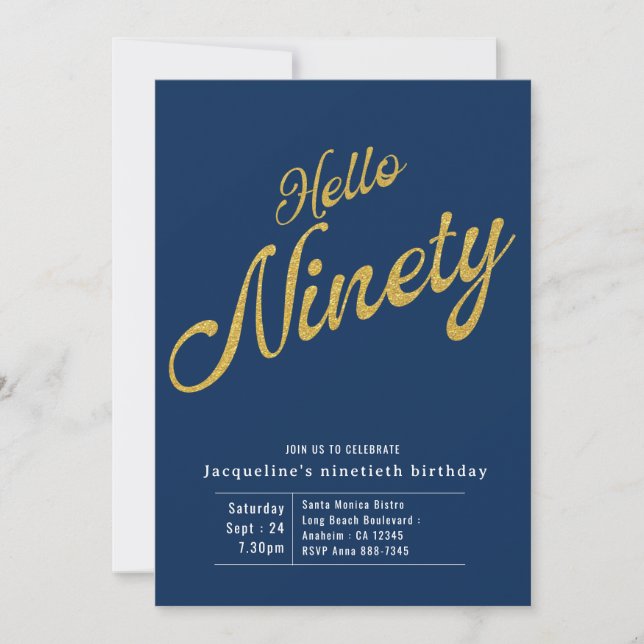 Ninety Blue Gold Modern 90th Birthday Invitation (Front)