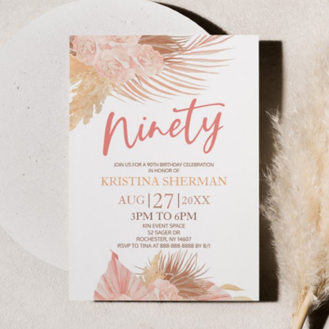 Ninety Boho Pink Floral 90th Birthday Party Invitation (Creator Uploaded)