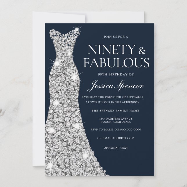 Ninety & Fabulous! Silver Gown 90th Birthday Invitation (Front)