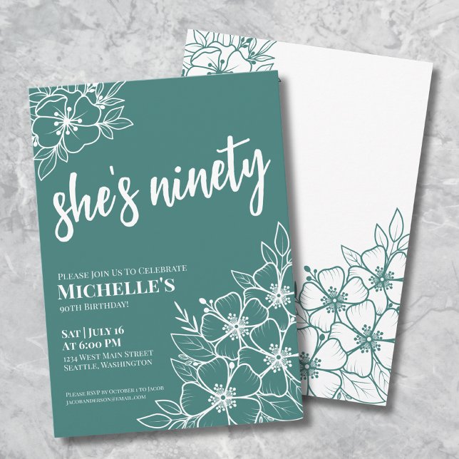 Ninety Floral 90th Birthday Party Invitation (Elegant Ninetieth Green 90th Birthday Party Invitation)