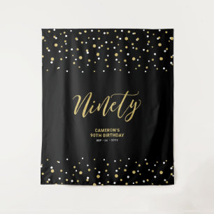 Ninety Gold & Black 90th Birthday Party Backdrop Tapestry