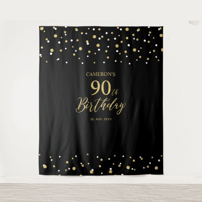 Ninety Gold & Black 90th Birthday Party Backdrop Tapestry (Front)