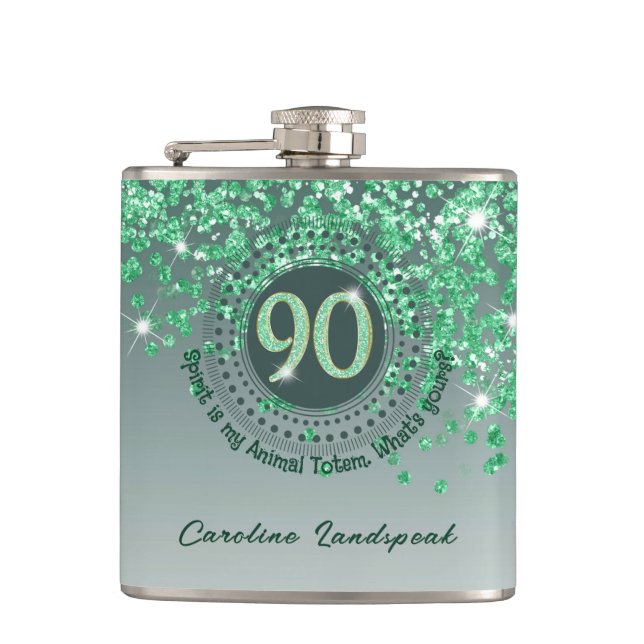 Ninety & Green Glitter & Drinking Quote Hip Flask (Front)