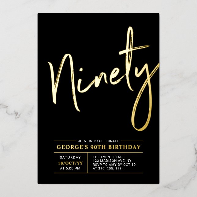 Ninety | Modern Gold & Black 90th Birthday Party (Front)