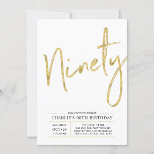 Ninety   Modern Gold Brush 90th Birthday Party Invitation