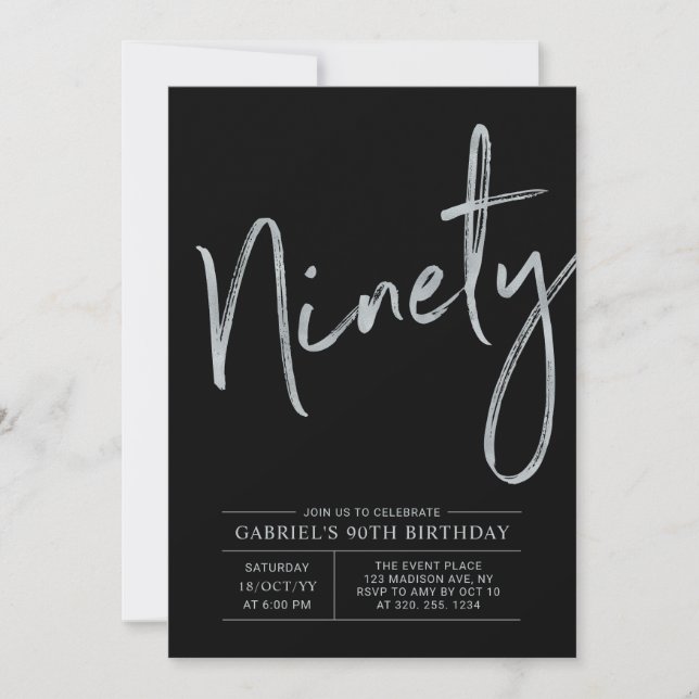 Ninety | Modern Silver & Black 90th Birthday Party Invitation (Front)