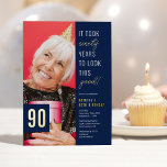 Ninety Photo Blue & Gold 90th Birthday Party Real<br><div class="desc">Celebrate in style with these modern real foil 90th birthday party invitations featuring a chic blue background,  a photo of the birthday boy/girl,  the funny saying 'it took ninety years to look this good!',  and a simple text template that is easy to personalize.</div>