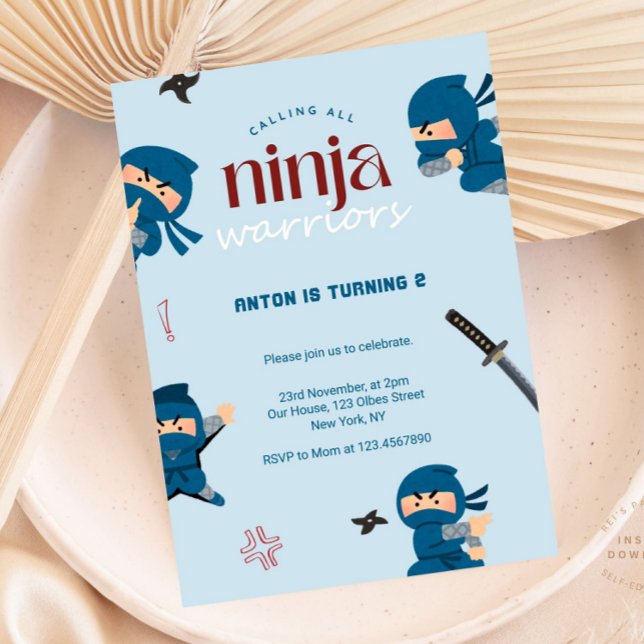 Ninja Birthday Invitation | Blue Ninja Party (ninja birthday invitations, ninja invitations, digital ninja invitations, printed ninja party invita)