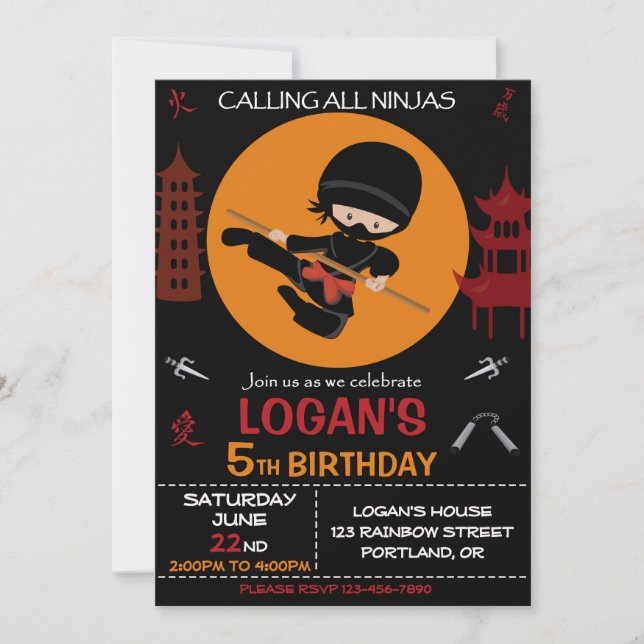 Ninja birthday invitation Ninja warrior invite (Front)