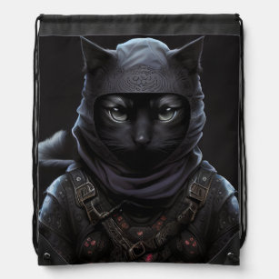 Ninja Cat , Black Cat Japanese Assassin T-Shirt Drawstring Bag