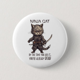 Ninja Cat, Japanese Samurai Kawaii Cat Tattoo Funn 2 Inch Round Button
