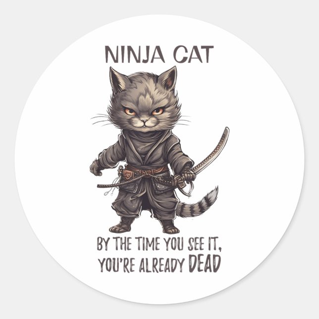 Ninja Cat, Japanese Samurai Kawaii Cat Tattoo Funn Classic Round Sticker (Front)