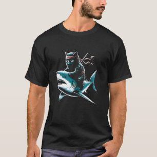 Ninja Cat Riding Shark - Funny Graphic Cat Kitten  T-Shirt