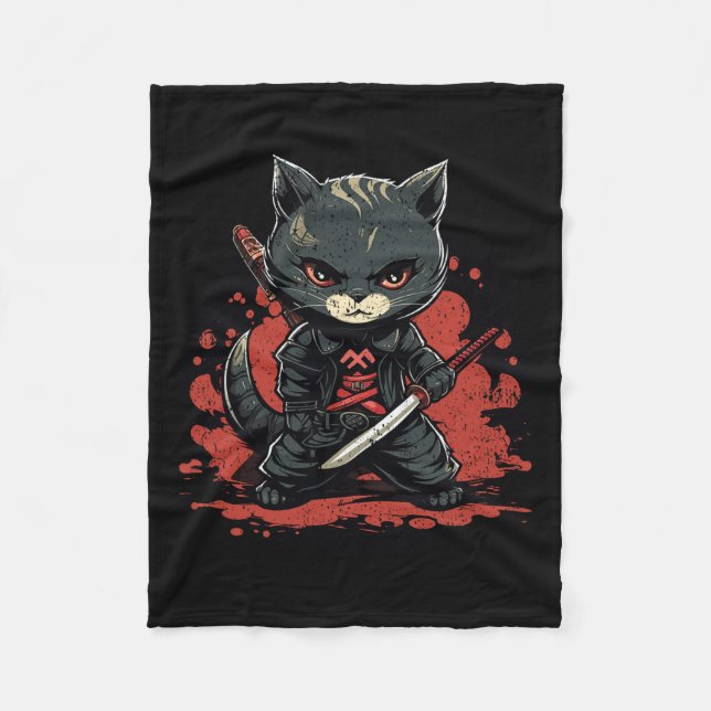 Ninja Cat Samurai Cat  Fleece Blanket (Front)