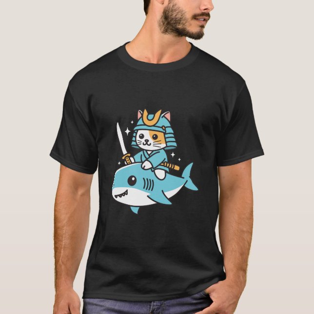 Ninja Cat Samurai Riding Shark T-Shirt (Front)