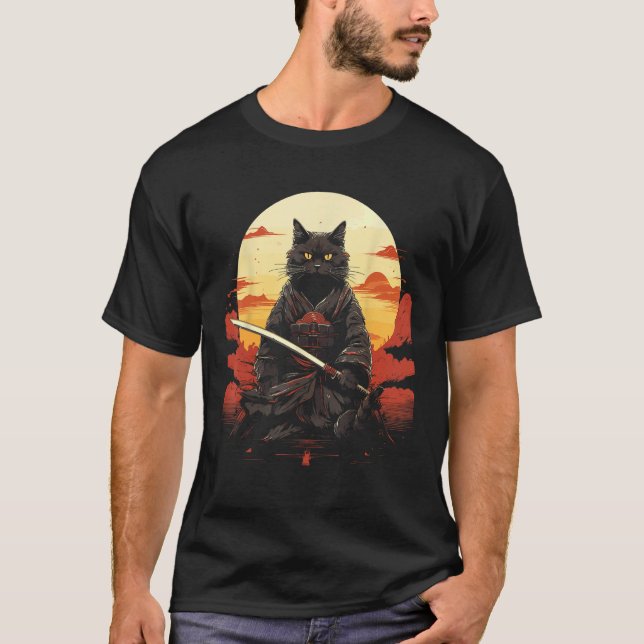 Ninja Cat Samurai Sword Meow Warrior T-Shirt (Front)