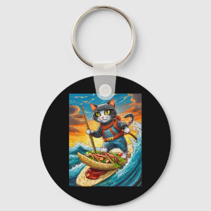 Ninja Cat Surfing A Taco Surfboard With Hot Sauce Keychain