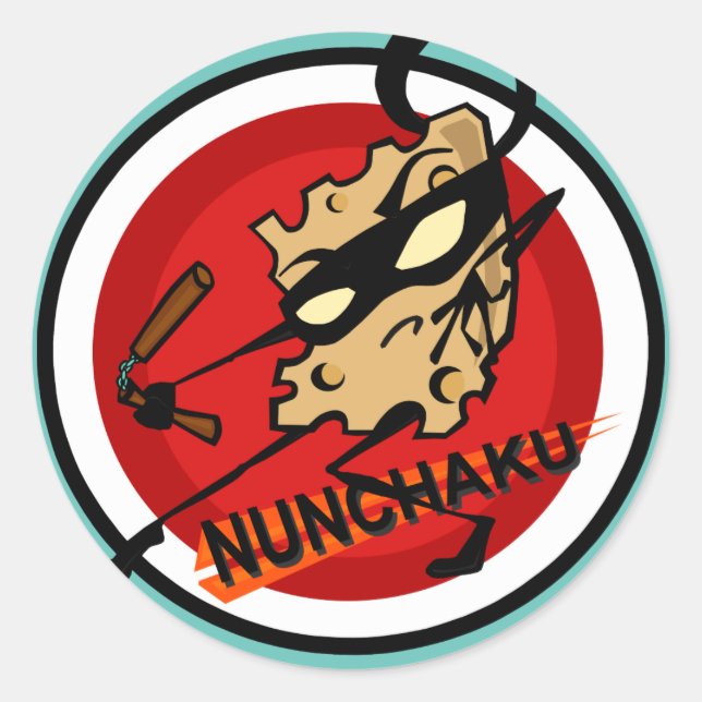 NINJA CHEESE WITH NUNCHUCKS ROUND STICKERS (Front)