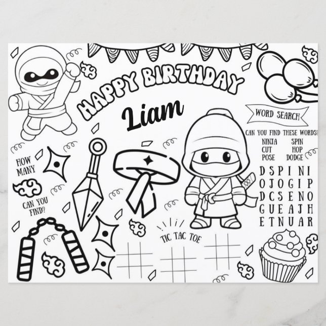 Ninja Colouring Placemat Warrior Party Activity  (Front)
