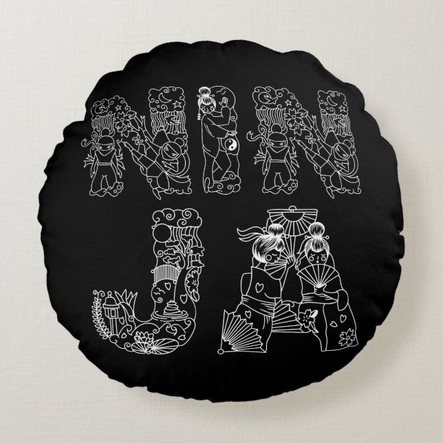 Ninja Cool White Text On Black Round Pillow (Front)
