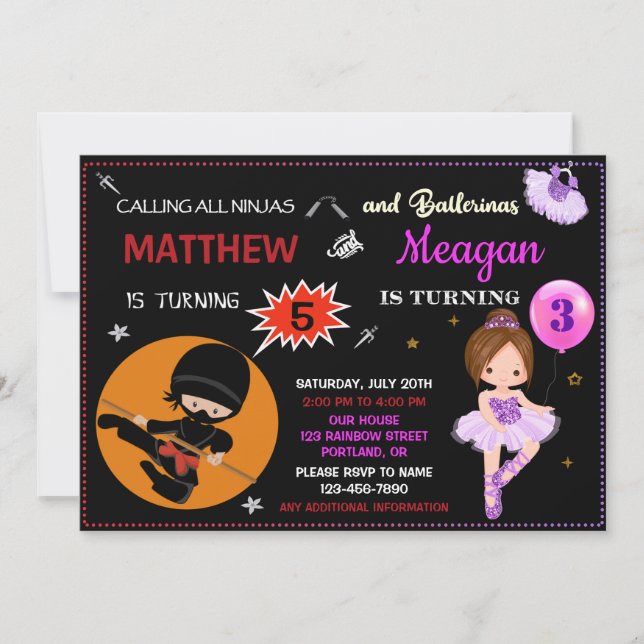 Ninja et ballerine invitation anniversaire Deux th (Devant)
