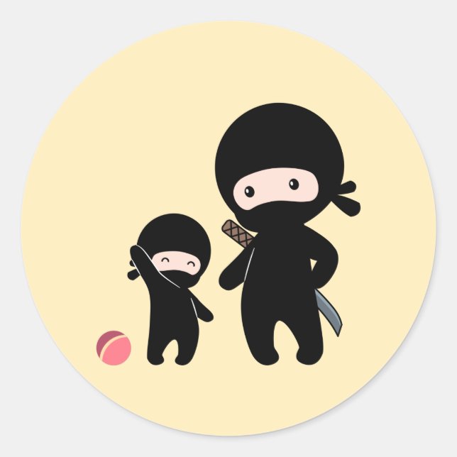 Ninja Father and Kid on Yellow Classic Round Sticker (Front)