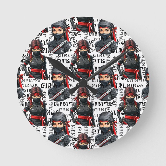 Ninja Girls Anime With Text Pattern Design Round Clock (Front)