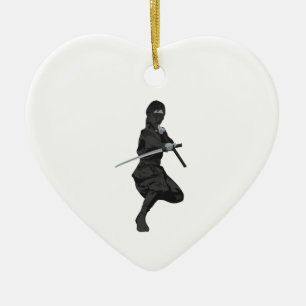 Ninja in Fighting Stance Holding Katana Sword Ceramic Ornament